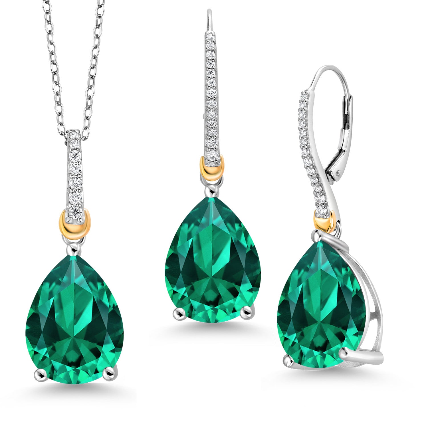 925 Sterling Silver and 10K Yellow Gold Green Nano Emerald and White Moissanite Pendant Earrings Set For Women (25.01 Cttw, Pear Shape 16X12MM, with 18 Inch Chain)