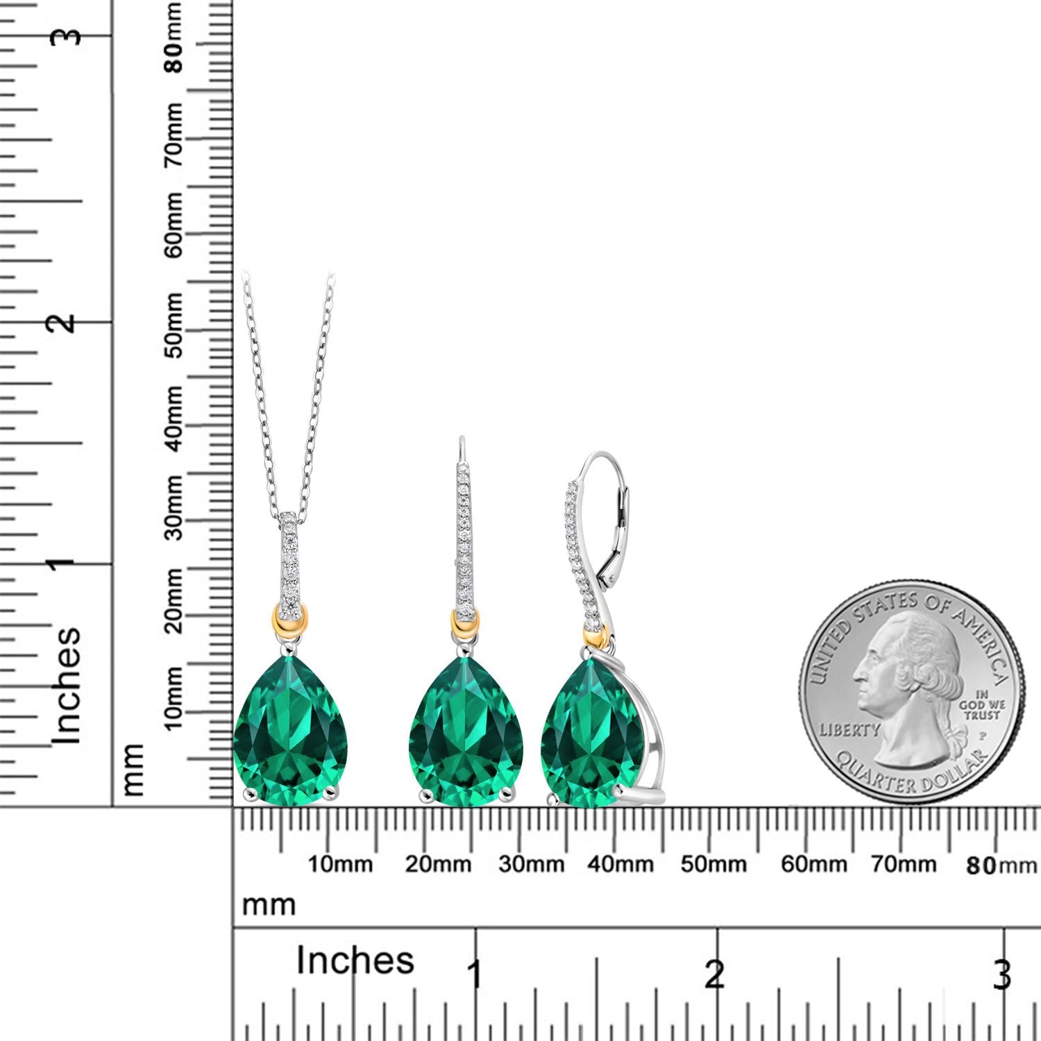 925 Sterling Silver and 10K Yellow Gold Green Nano Emerald and White Moissanite Pendant Earrings Set For Women (25.01 Cttw, Pear Shape 16X12MM, with 18 Inch Chain)