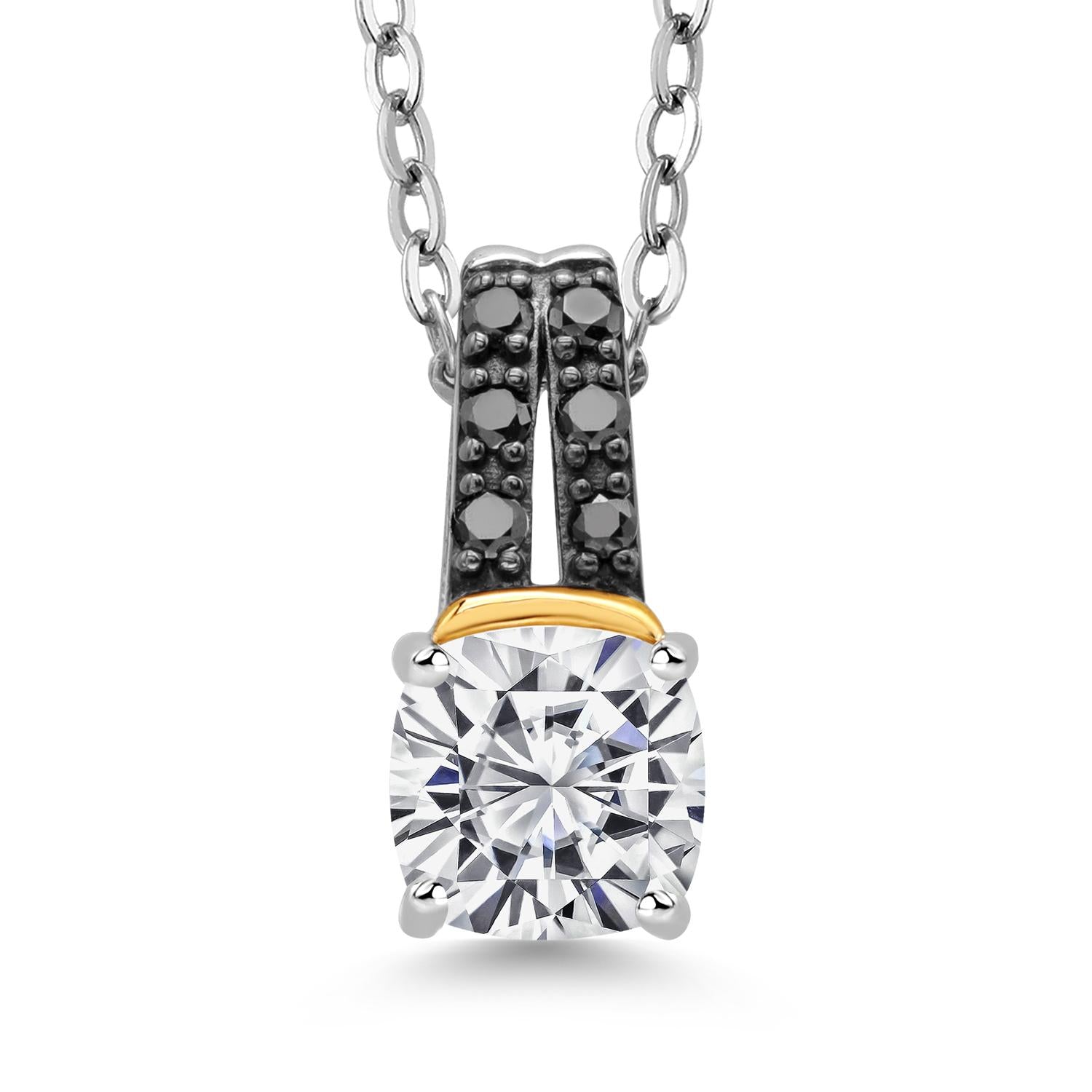 1.06 Cttw 925 Silver and 10K Yellow Gold IGI Certified Lab Grown Diamond and Black Diamond Pendant Necklace For Women | Center Cushion Cut Diamond 1 Ct | F-G Color | VS1 Clarity | 18 Inch Chain