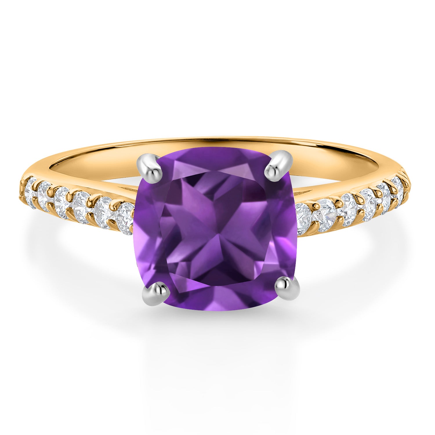 10K Yellow Gold 8MM Cushion Cut Purple Amethyst and White Lab Grown Diamond Engagement Ring For Women (2.28 Cttw, Gemstone February Birthstone, Available In Size 5, 6, 7, 8, 9)