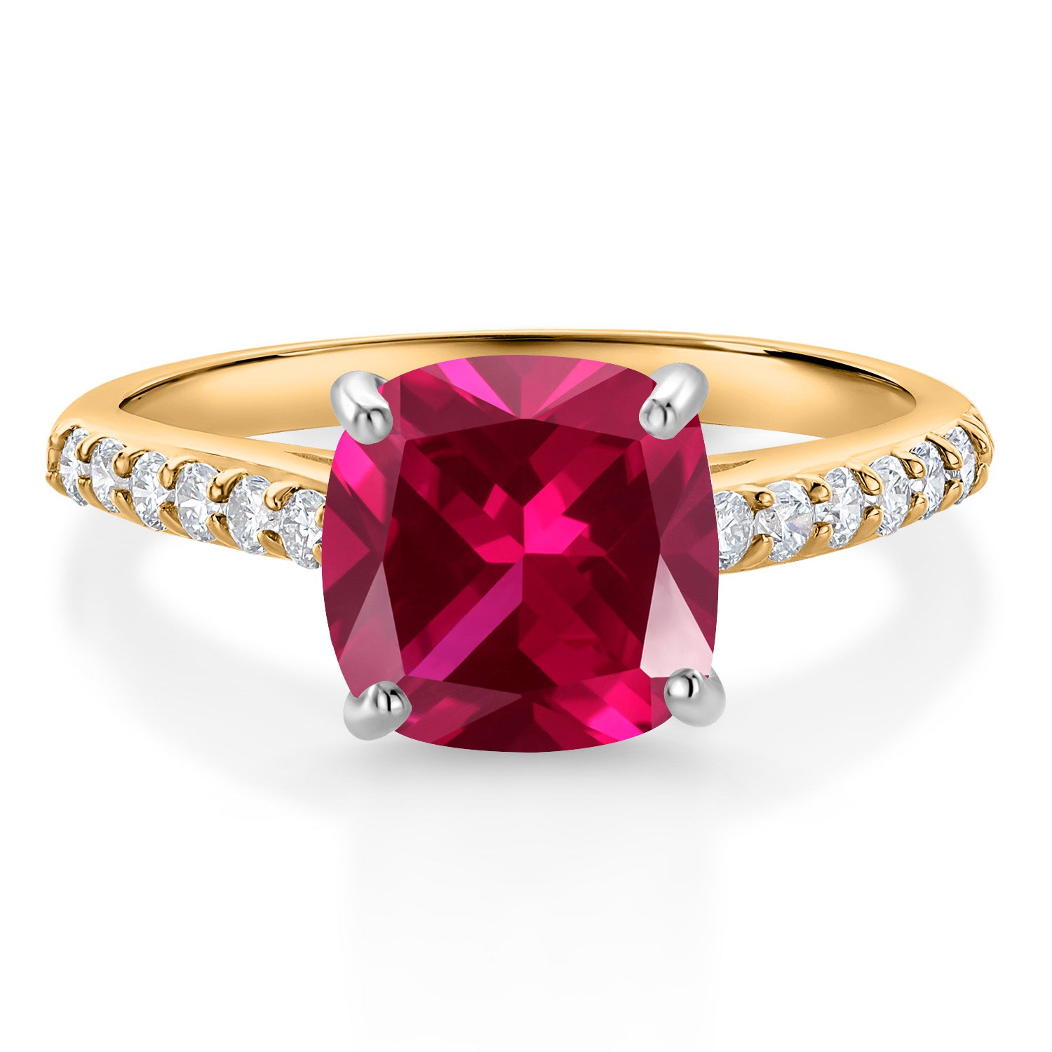 10K Yellow Gold 8MM Cushion Cut Red Created Ruby and White Lab Grown Diamond Engagement Ring For Women (2.68 Cttw, Available In Size 5, 6, 7, 8, 9)