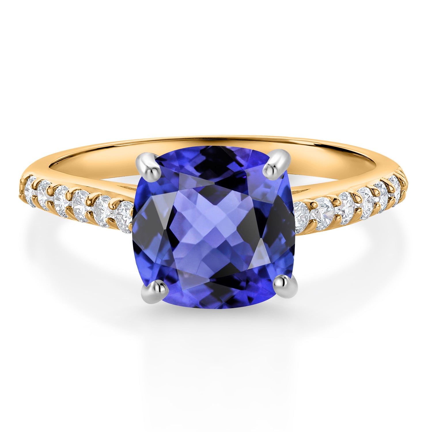 10K Yellow Gold 8MM Cushion Cut Blue Tanzanite and White Lab Grown Diamond Engagement Ring For Women (2.88 Cttw, Gemstone December Birthstone, Available In Size 5, 6, 7, 8, 9)