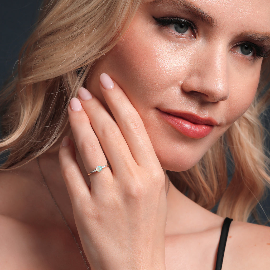 White Simulated Opal-Cabochon - October_5_Ring in 10K Yellow Gold