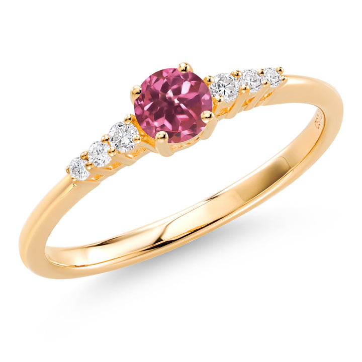 10K Yellow Gold Pink Tourmaline and White Lab Grown Diamond Engagement Ring For Women (0.34 Cttw, Round 4MM, Gemstone October Birthstone, Available In Size 5, 6, 7, 8, 9)