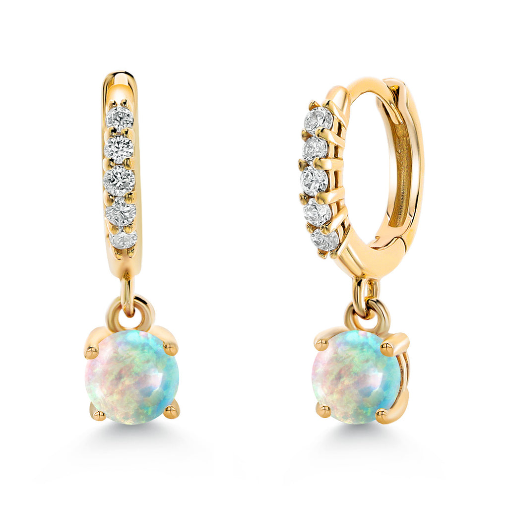 White Simulated Opal-Cabochon - October_Earrings in 10K Yellow Gold