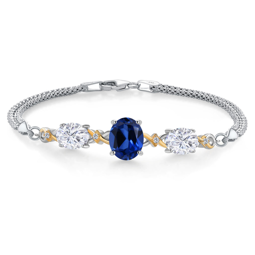 925 Silver and 10K Yellow Gold Blue Created Sapphire and White Moissan