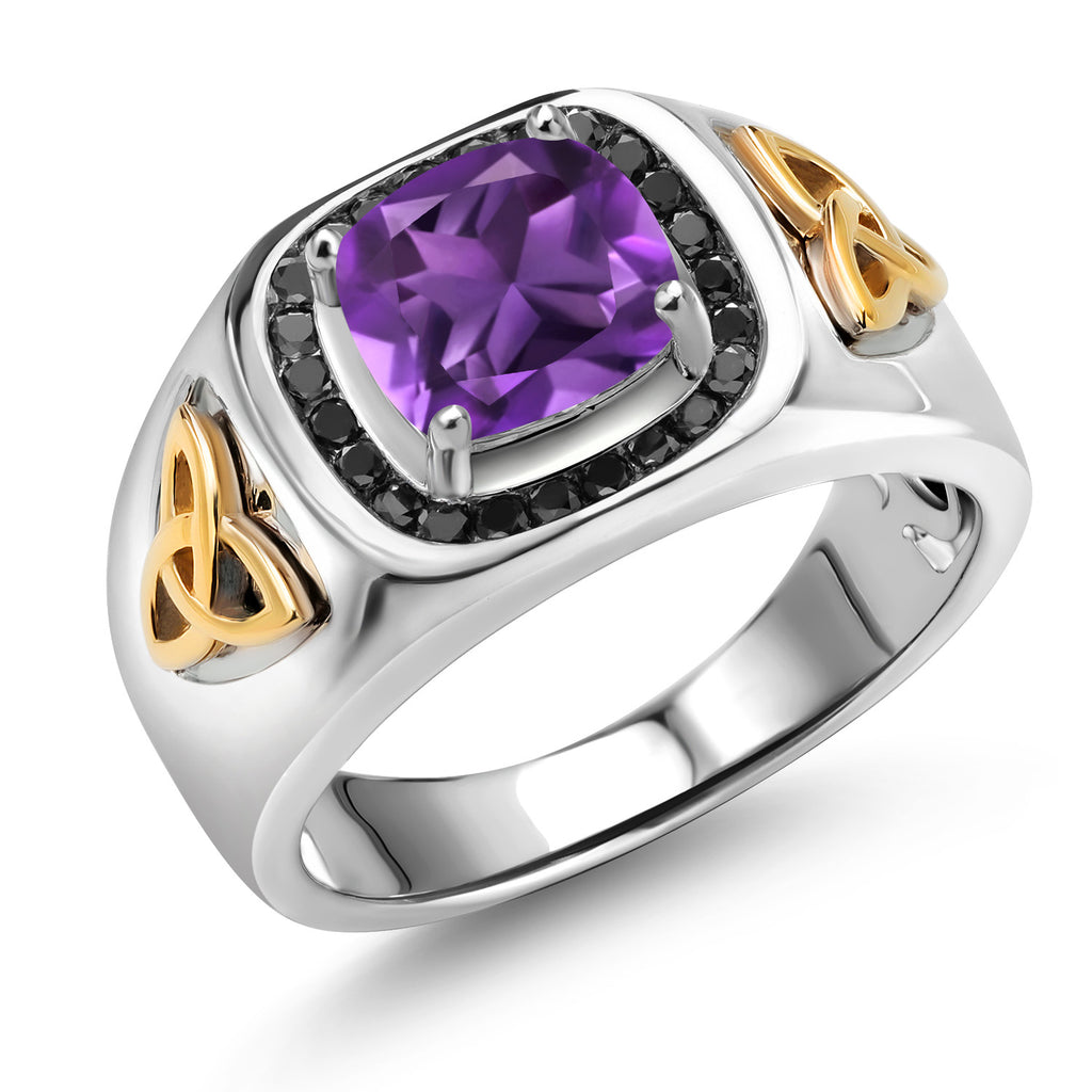 Amethyst - February_9_8MM Cushion Gemstone Birthstone and Black Diamond Ring For Men | 925 Sterling Silver and 10K Yellow Gold | Available In Size 7, 8, 9, 10, 11, 12, 13