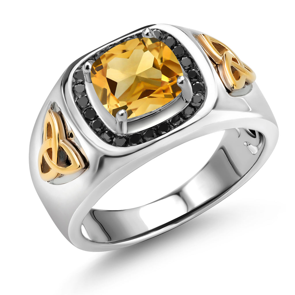 Citrine - November_9_8MM Cushion Gemstone Birthstone and Black Diamond Ring For Men | 925 Sterling Silver and 10K Yellow Gold | Available In Size 7, 8, 9, 10, 11, 12, 13