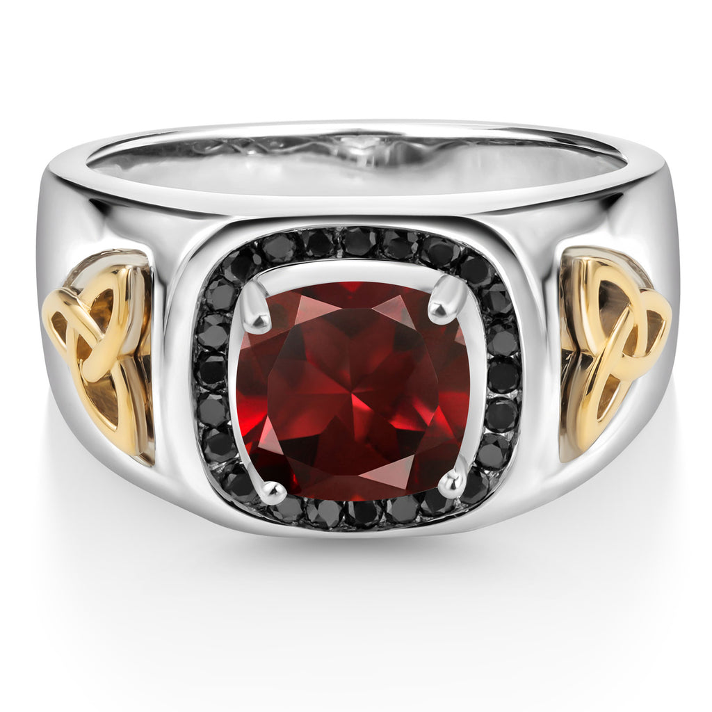 Garnet and Diamond_8MM Cushion Gemstone Birthstone and Black Diamond Ring For Men | 925 Sterling Silver and 10K Yellow Gold | Available In Size 7, 8, 9, 10, 11, 12, 13