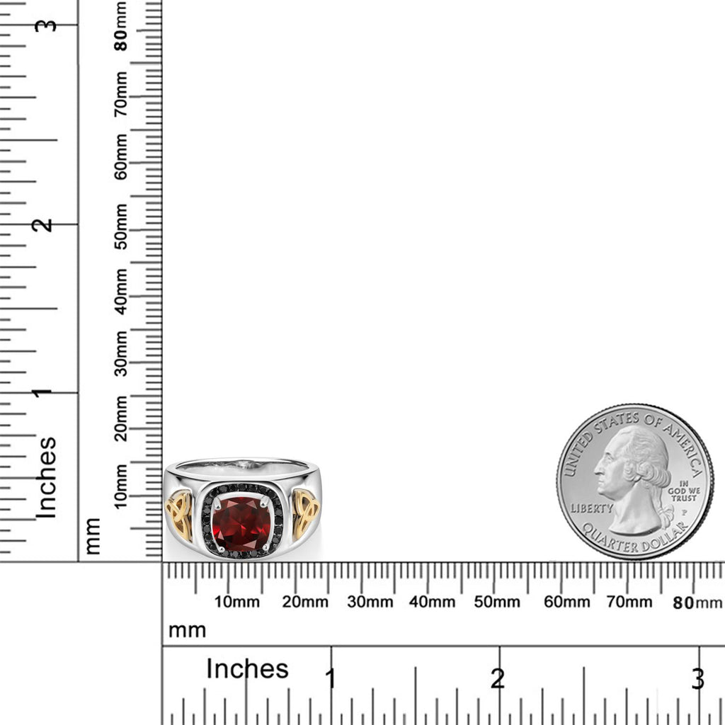 Garnet and Diamond_8MM Cushion Gemstone Birthstone and Black Diamond Ring For Men | 925 Sterling Silver and 10K Yellow Gold | Available In Size 7, 8, 9, 10, 11, 12, 13