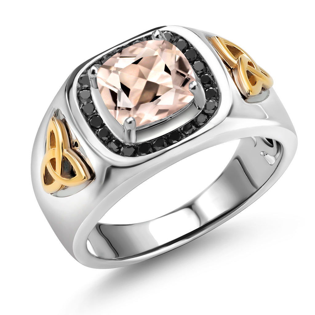 Morganite - October_9_8MM Cushion Gemstone Birthstone and Black Diamond Ring For Men | 925 Sterling Silver and 10K Yellow Gold | Available In Size 7, 8, 9, 10, 11, 12, 13