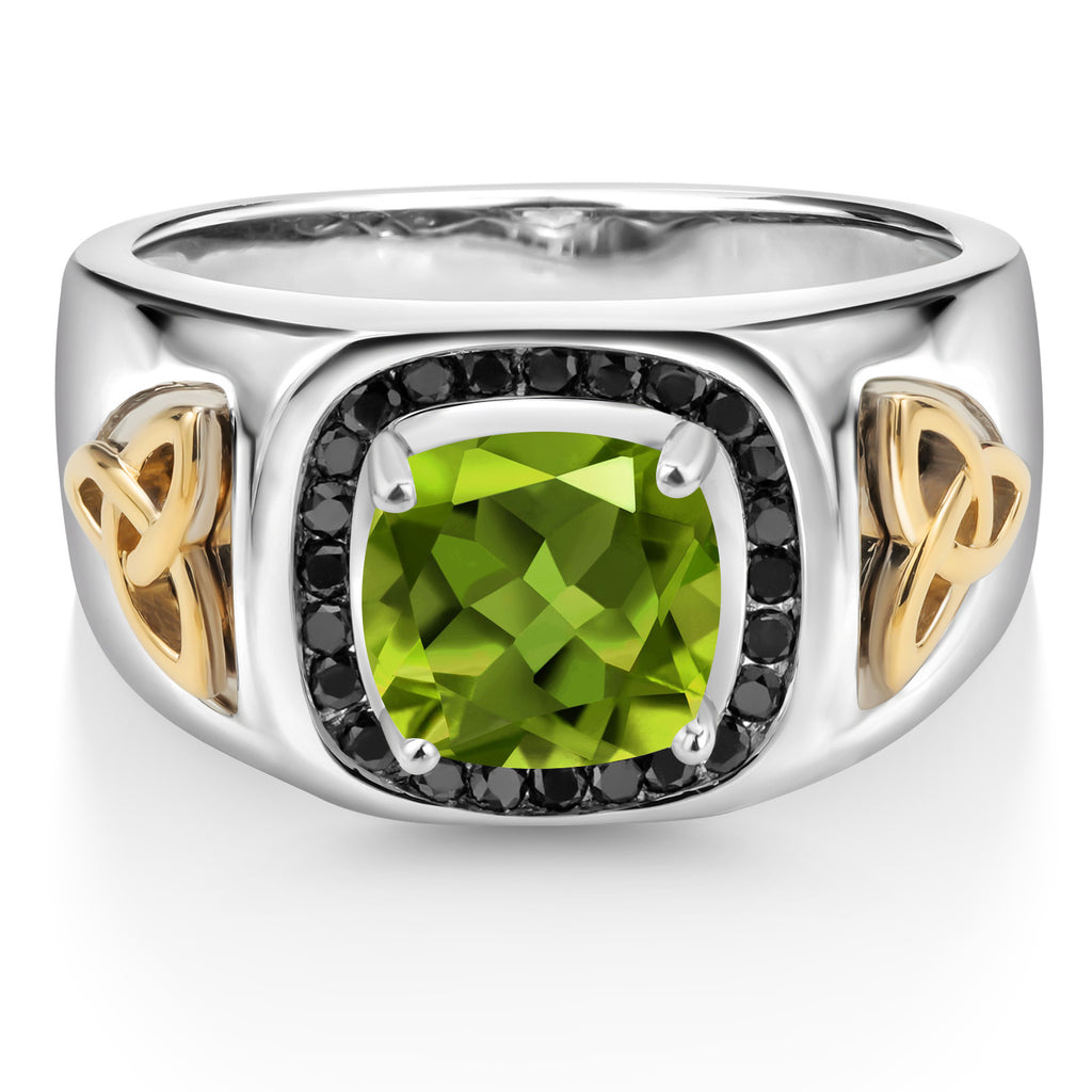 Peridot - August_9_8MM Cushion Gemstone Birthstone and Black Diamond Ring For Men | 925 Sterling Silver and 10K Yellow Gold | Available In Size 7, 8, 9, 10, 11, 12, 13