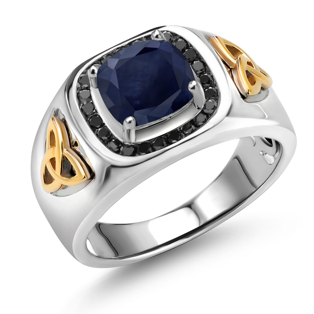 Sapphire - September_9_8MM Cushion Gemstone Birthstone and Black Diamond Ring For Men | 925 Sterling Silver and 10K Yellow Gold | Available In Size 7, 8, 9, 10, 11, 12, 13