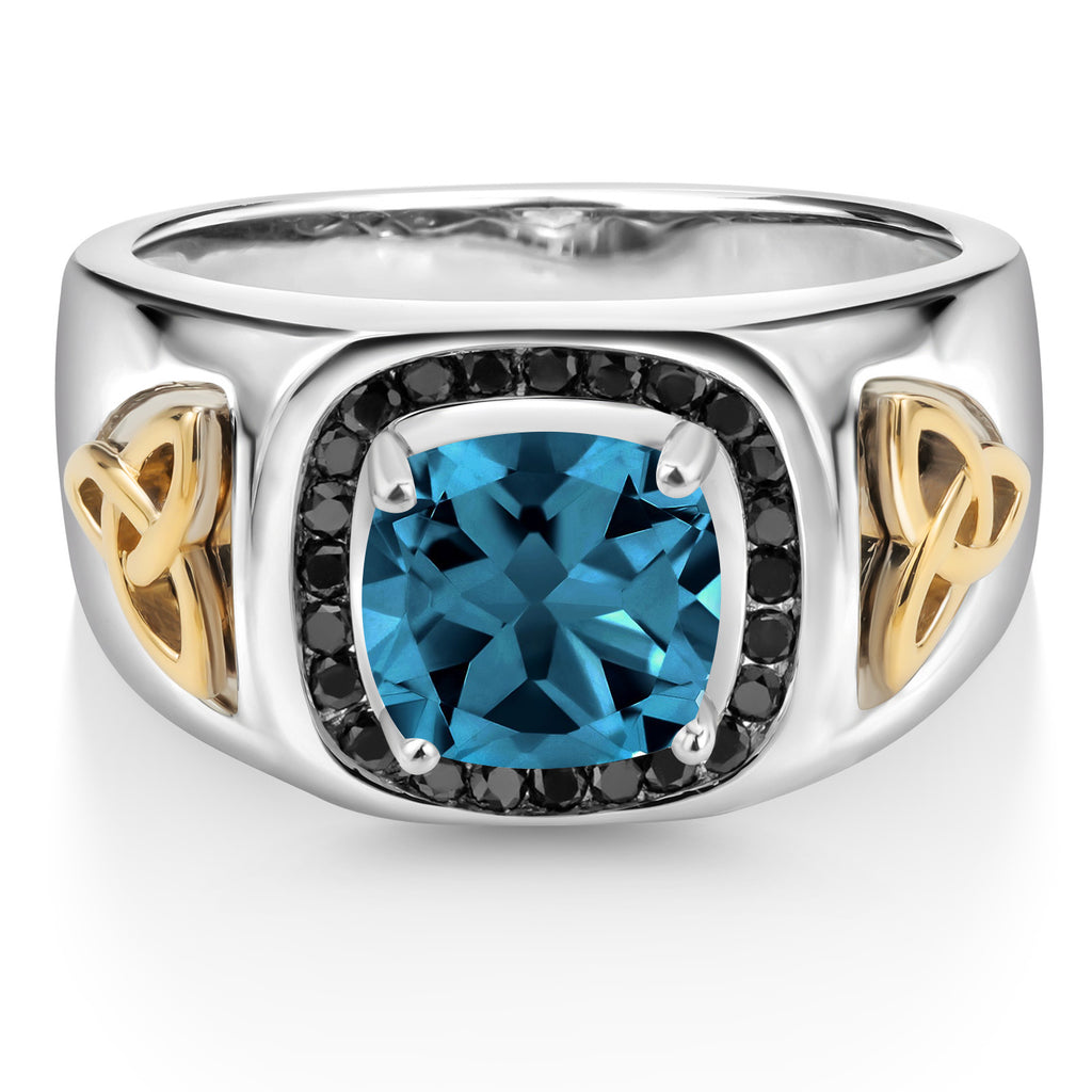 London Blue Topaz - November_9_8MM Cushion Gemstone Birthstone and Black Diamond Ring For Men | 925 Sterling Silver and 10K Yellow Gold | Available In Size 7, 8, 9, 10, 11, 12, 13