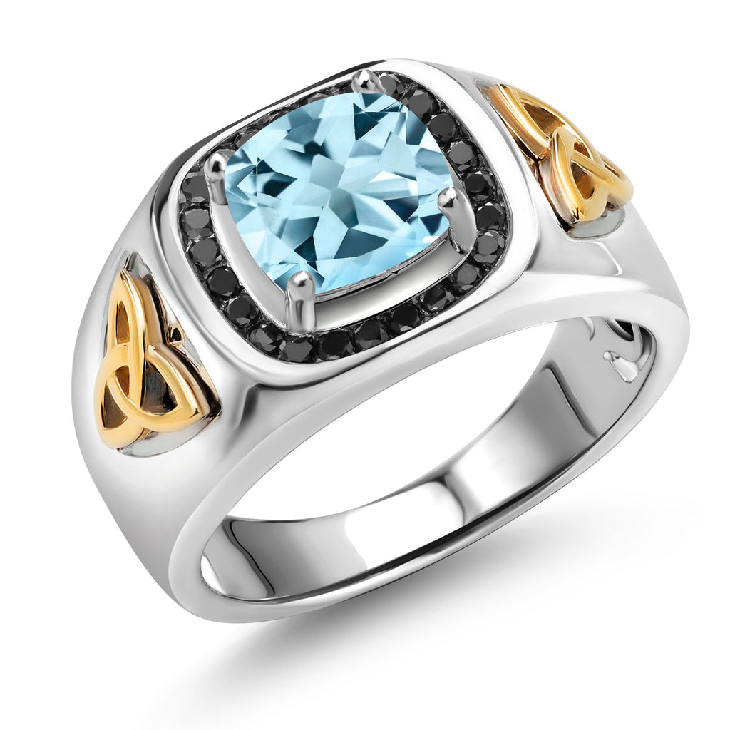 Sky Blue Topaz - November_9_8MM Cushion Gemstone Birthstone and Black Diamond Ring For Men | 925 Sterling Silver and 10K Yellow Gold | Available In Size 7, 8, 9, 10, 11, 12, 13
