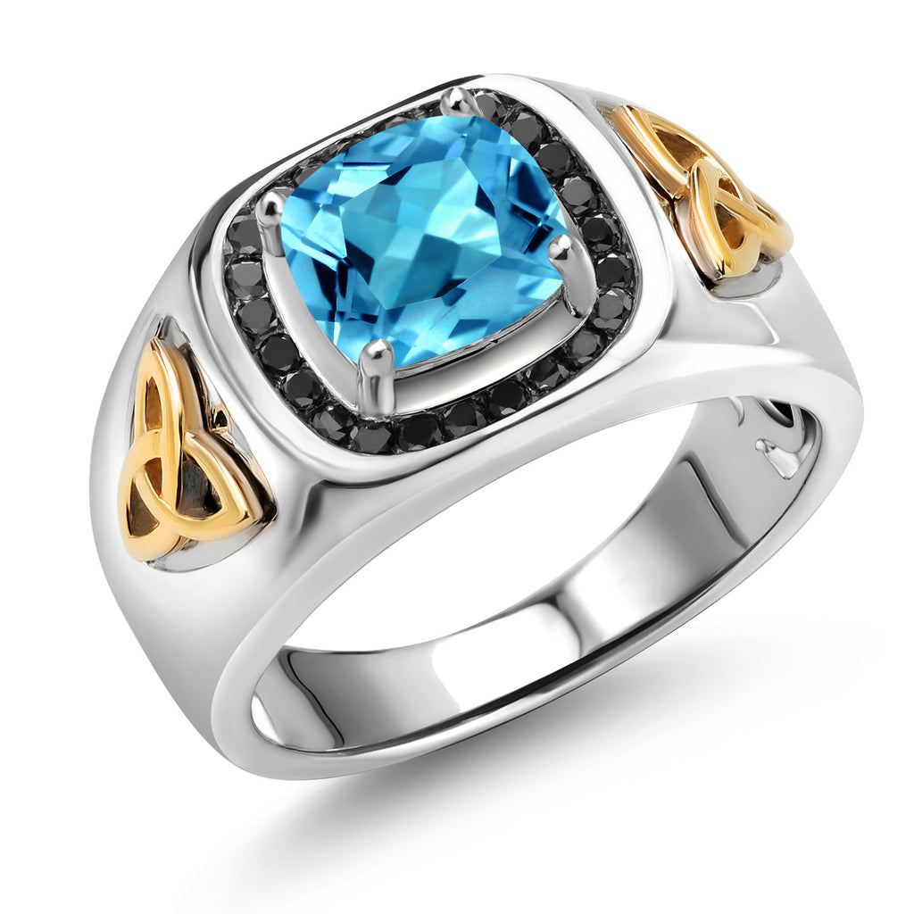 Swiss Blue Topaz - November_9_8MM Cushion Gemstone Birthstone and Black Diamond Ring For Men | 925 Sterling Silver and 10K Yellow Gold | Available In Size 7, 8, 9, 10, 11, 12, 13