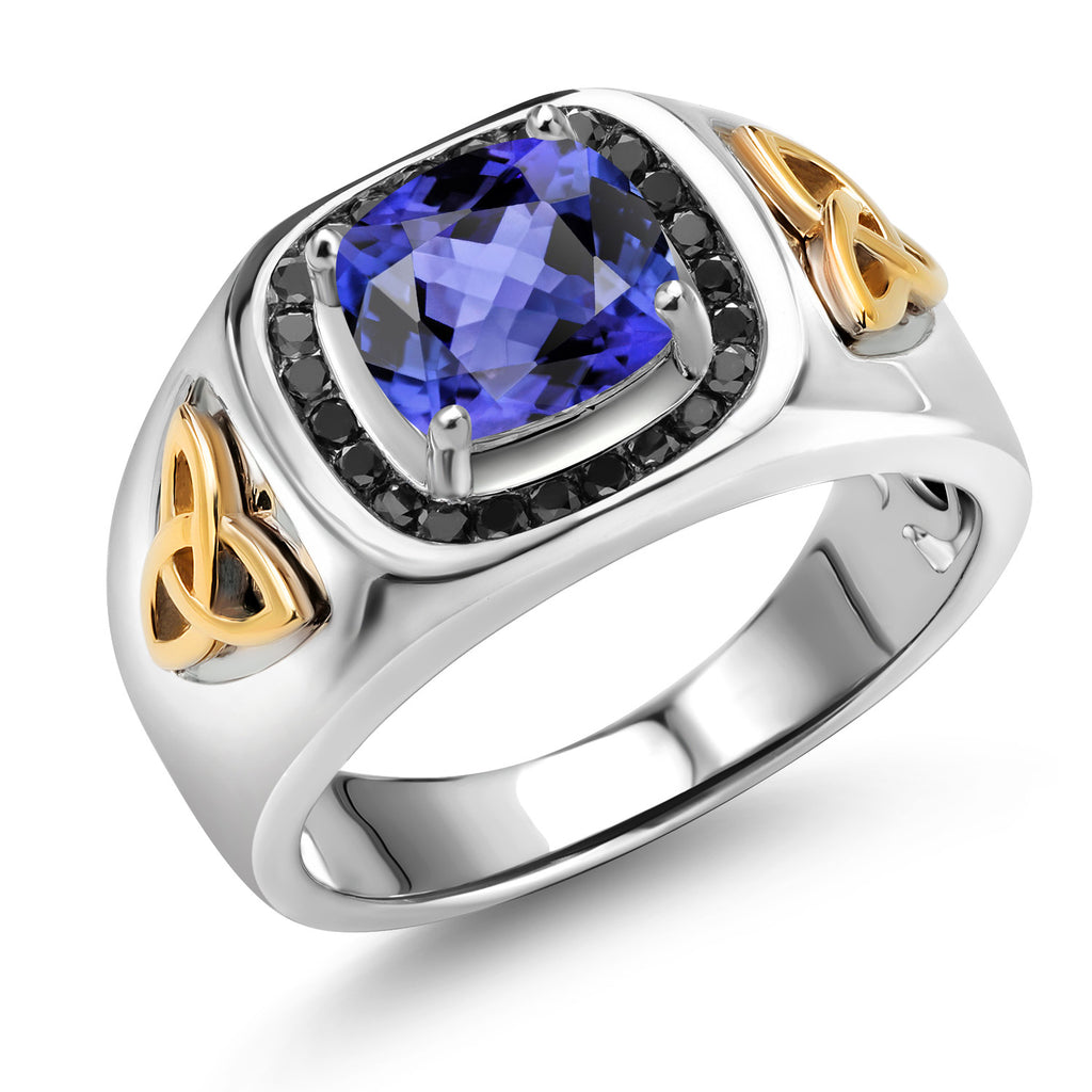 Tanzanite - December_9_8MM Cushion Gemstone Birthstone and Black Diamond Ring For Men | 925 Sterling Silver and 10K Yellow Gold | Available In Size 7, 8, 9, 10, 11, 12, 13