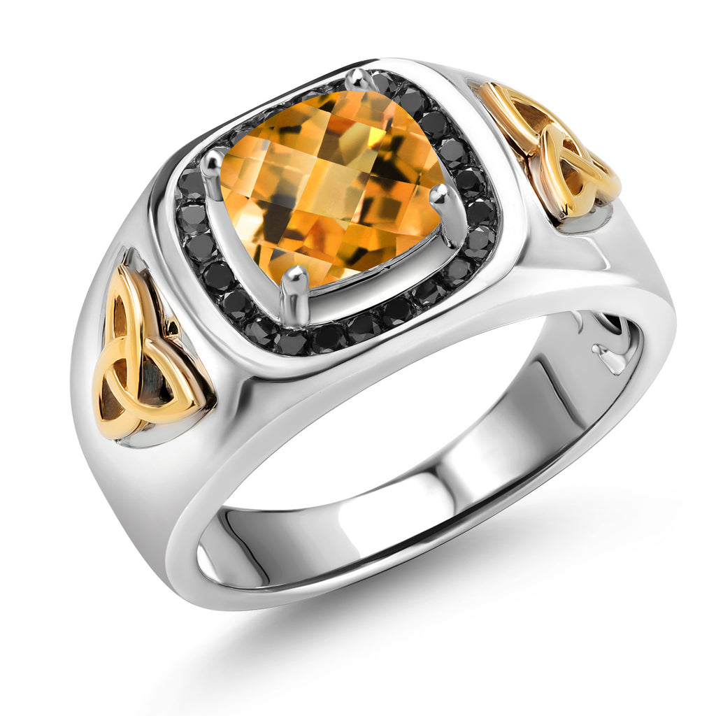 Citrine - Checkerboard - November_9_8MM Cushion Gemstone Birthstone and Black Diamond Ring For Men | 925 Sterling Silver and 10K Yellow Gold | Available In Size 7, 8, 9, 10, 11, 12, 13