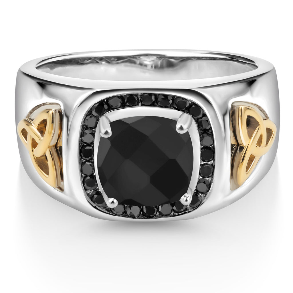 Onyx - December_9_8MM Cushion Gemstone Birthstone and Black Diamond Ring For Men | 925 Sterling Silver and 10K Yellow Gold | Available In Size 7, 8, 9, 10, 11, 12, 13
