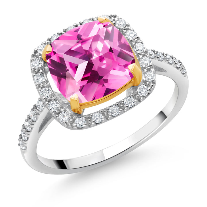 Pink Created Sapphire_5_Ring in 925 Sterling Silver and 10K Yellow Gold