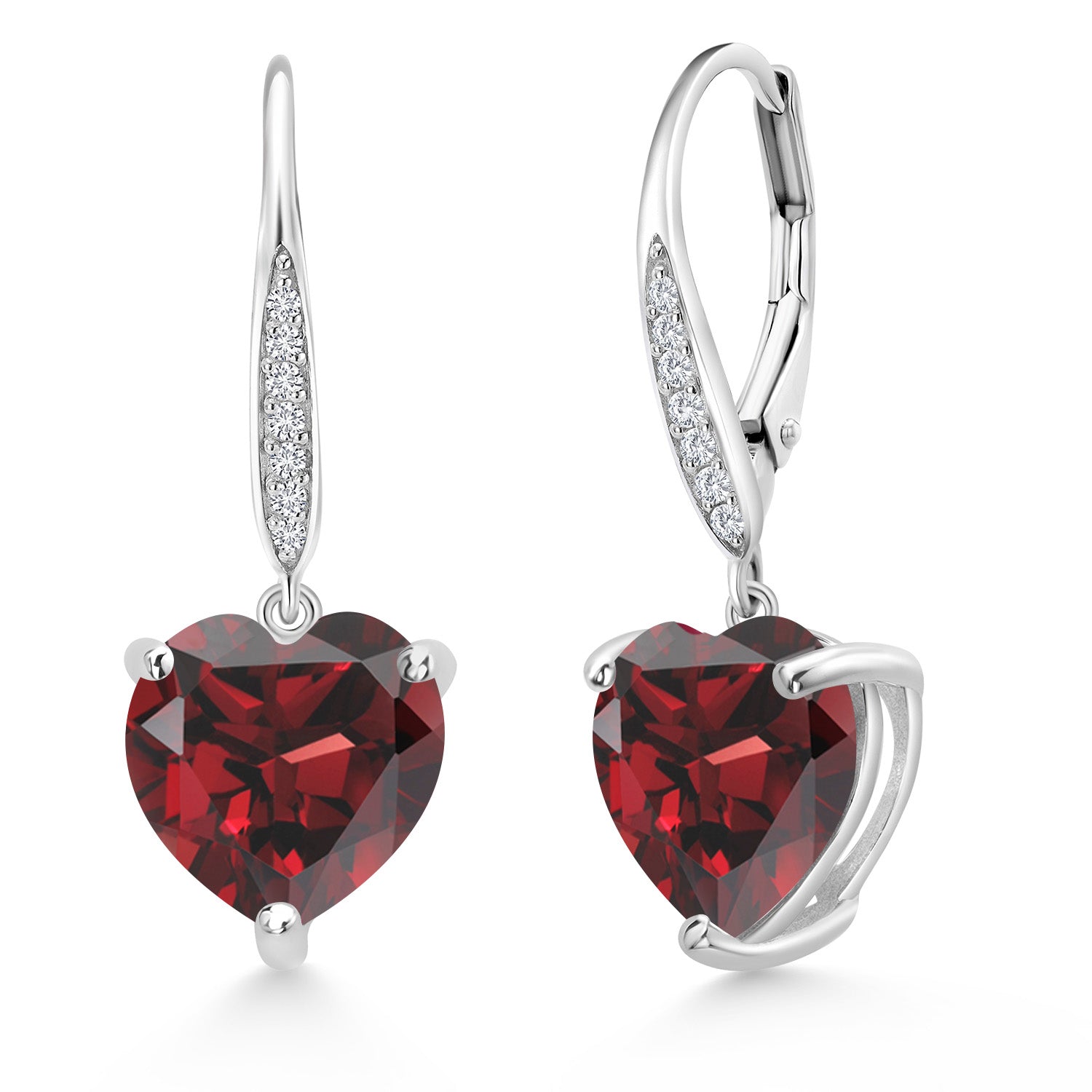 925 Sterling Silver Red Garnet and White Lab Grown Diamond Leverback Dangle Drop Earrings For Women (8.10 Cttw, Gemstone January Birthstone, Heart Shape 10MM)