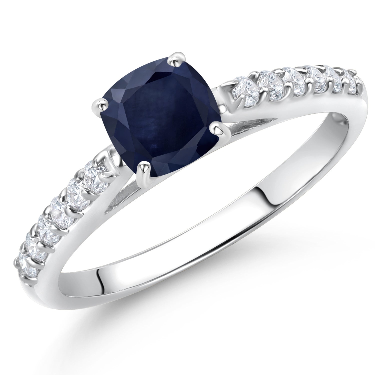 10K White Gold Blue Sapphire and White Lab Grown Diamond Engagement Ring For Women (0.88 Cttw, Cushion 5MM, Gemstone September Birthstone, Available In Size 5, 6, 7, 8, 9)