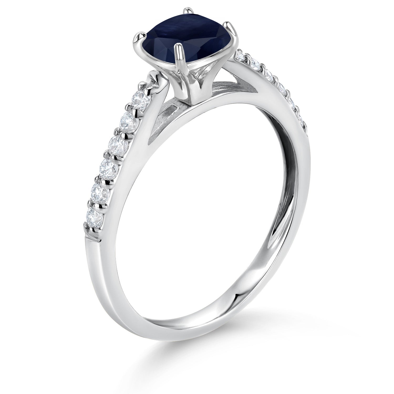 10K White Gold Blue Sapphire and White Lab Grown Diamond Engagement Ring For Women (0.88 Cttw, Cushion 5MM, Gemstone September Birthstone, Available In Size 5, 6, 7, 8, 9)