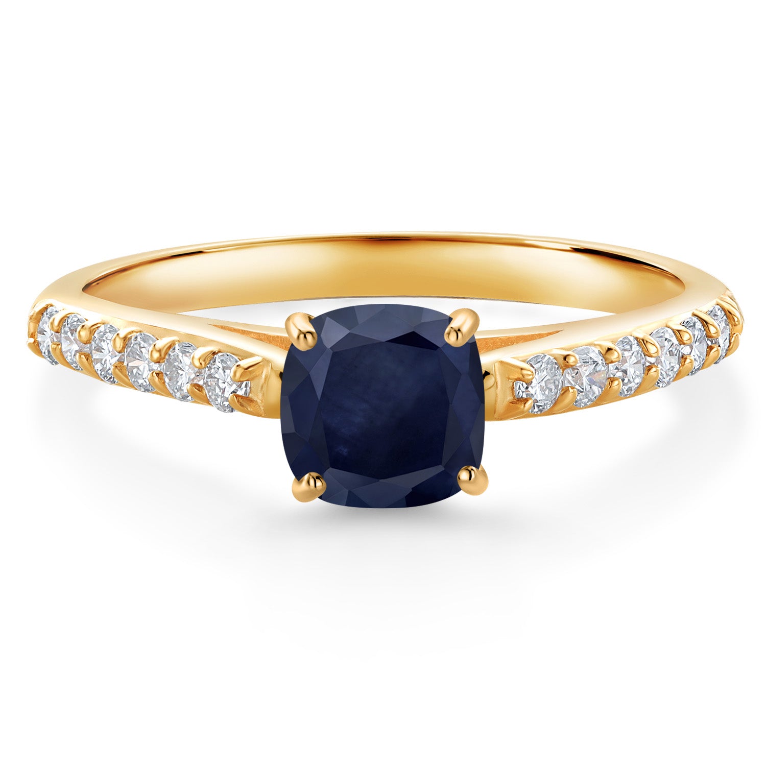 0.88 Cttw 5MM Cushion Blue Sapphire and White Lab Grown Diamond 10K Yellow Gold Engagement Ring | Wedding Anniversary Promise Gold Ring For Women | Size 5,6,7,8,9