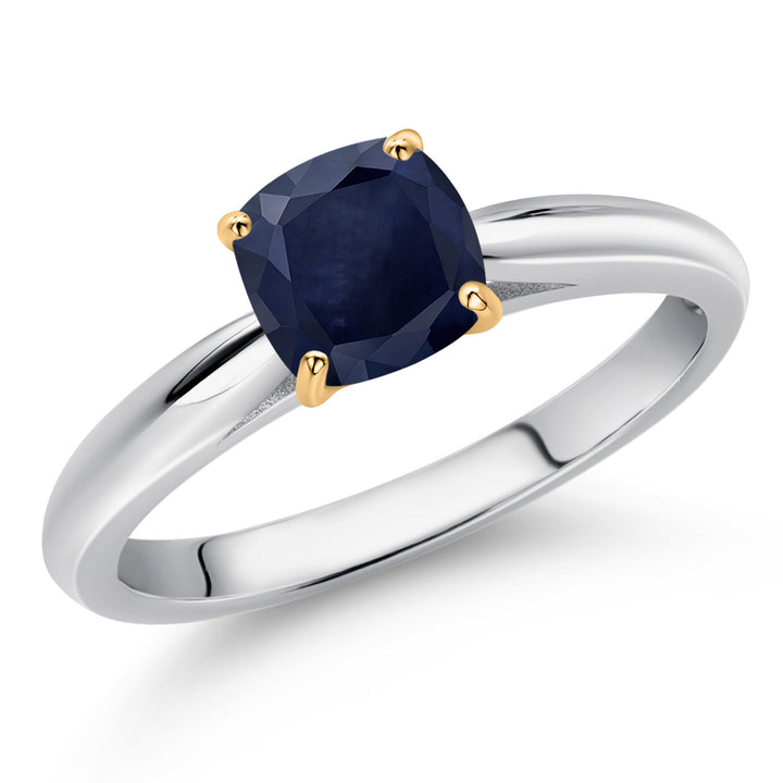 925 Silver and 10K Yellow Gold Blue Sapphire Engagement Ring For Women (0.70 Cttw, Cushion 5MM, Gemstone September Birthstone, Available In Size 5, 6, 7, 8, 9)