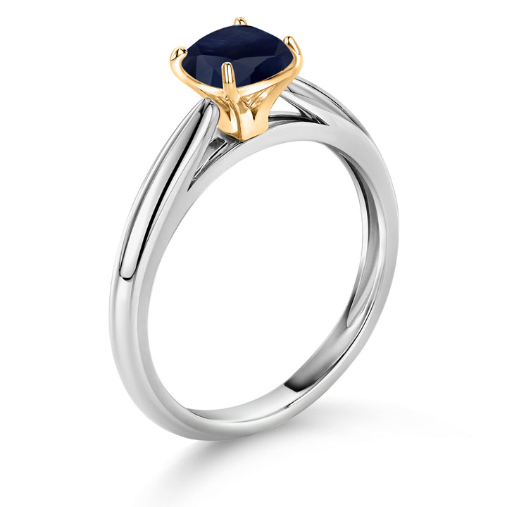 925 Silver and 10K Yellow Gold Blue Sapphire Engagement Ring For Women (0.70 Cttw, Cushion 5MM, Gemstone September Birthstone, Available In Size 5, 6, 7, 8, 9)