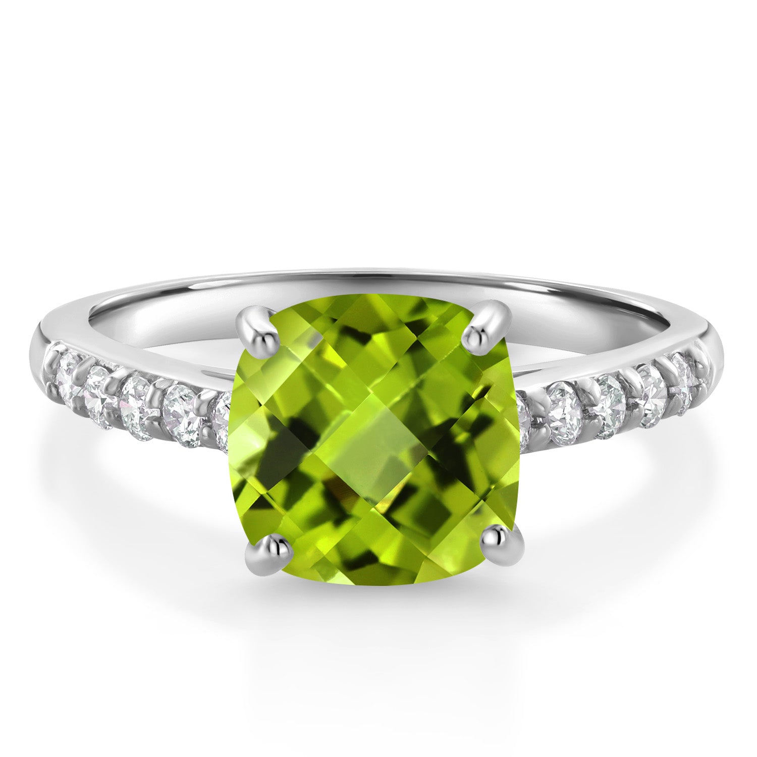 10K White Gold Green Peridot and White Lab Grown Diamond Engagement Ring For Women (2.70 Cttw, Cushion Checkerboard 8MM, Gemstone August Birthstone, Available In Size 5, 6, 7, 8, 9)