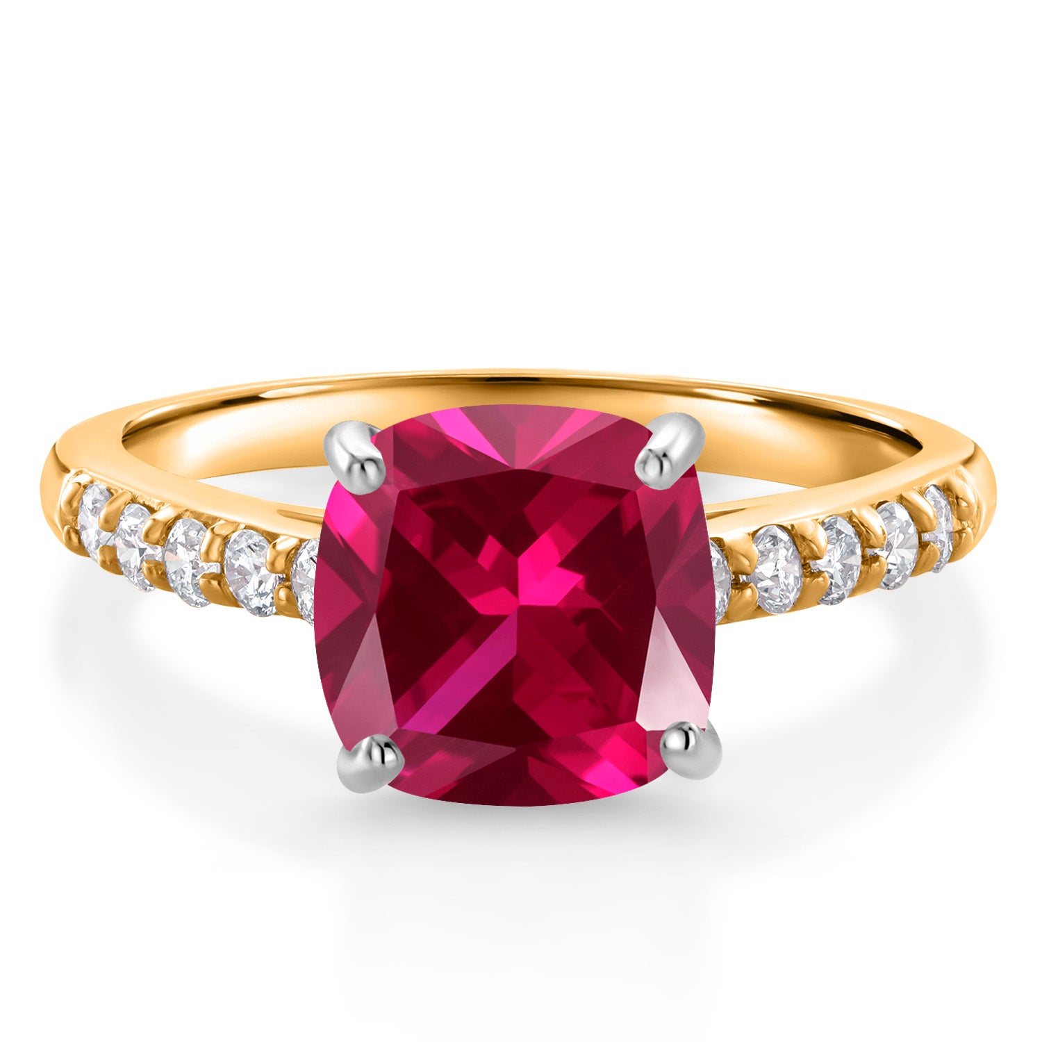 10K Yellow Gold Red Created Ruby and White Lab Grown Diamond Engagement Ring For Women (2.70 Cttw, Cushion 8MM, Gemstone July Birthstone, Available In Size 5, 6, 7, 8, 9)