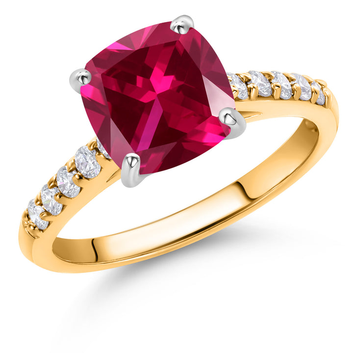 10K Yellow Gold Red Created Ruby and White Lab Grown Diamond Engagement Ring For Women (2.70 Cttw, Cushion 8MM, Gemstone July Birthstone, Available In Size 5, 6, 7, 8, 9)