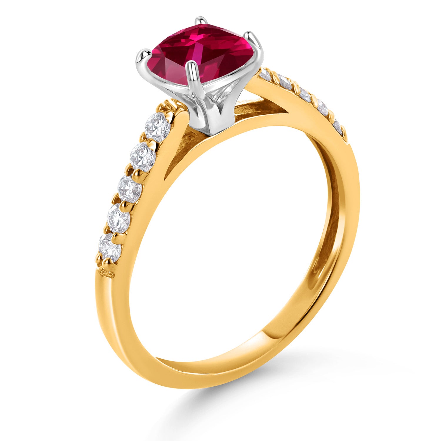 10K Yellow Gold Red Created Ruby and White Lab Grown Diamond Engagement Ring For Women (2.70 Cttw, Cushion 8MM, Gemstone July Birthstone, Available In Size 5, 6, 7, 8, 9)