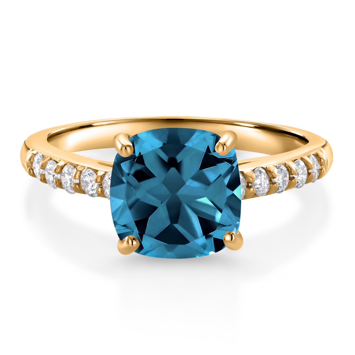 3.00 Ct Cushion London Blue Topaz G/H Lab Grown Diamond 10K Yellow Gold Engagement Ring