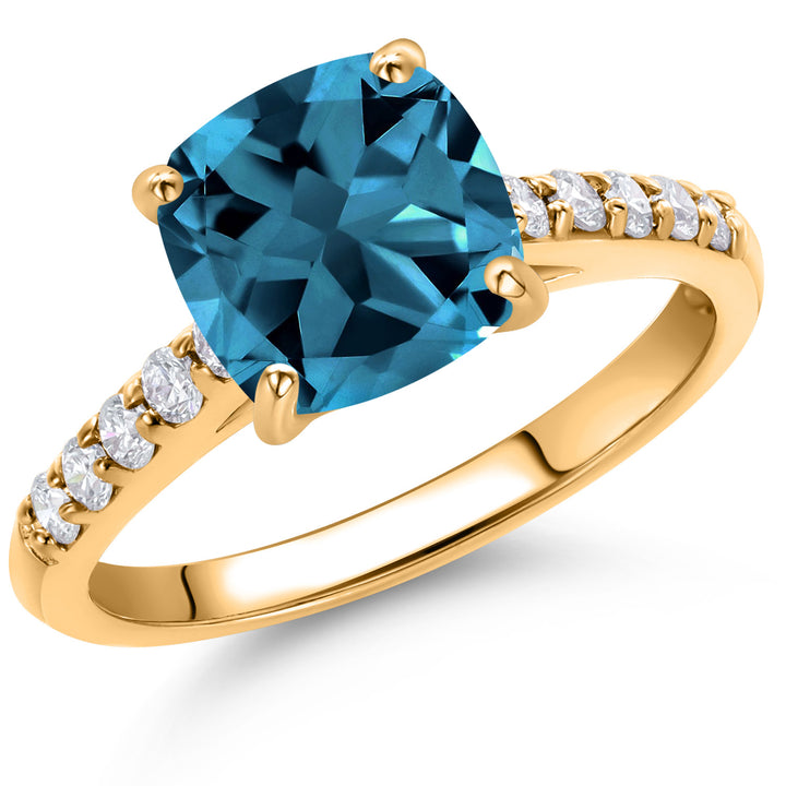 3.00 Ct Cushion London Blue Topaz G/H Lab Grown Diamond 10K Yellow Gold Engagement Ring