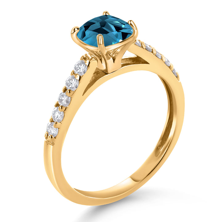 3.00 Ct Cushion London Blue Topaz G/H Lab Grown Diamond 10K Yellow Gold Engagement Ring