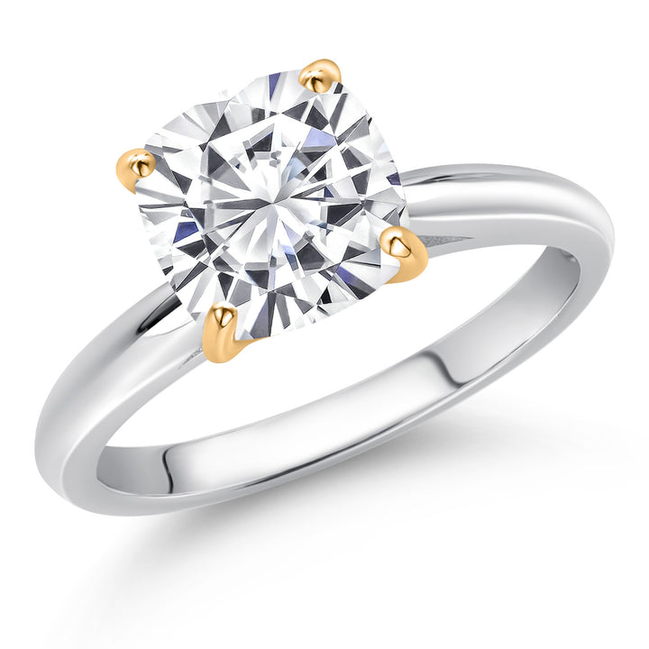 10K White and Yellow Gold White Moissanite Solitaire Engagement Ring For Women (2.40 Cttw, Cushion 8MM, Gemstone Birthstone, Available In Size 5, 6, 7, 8, 9)