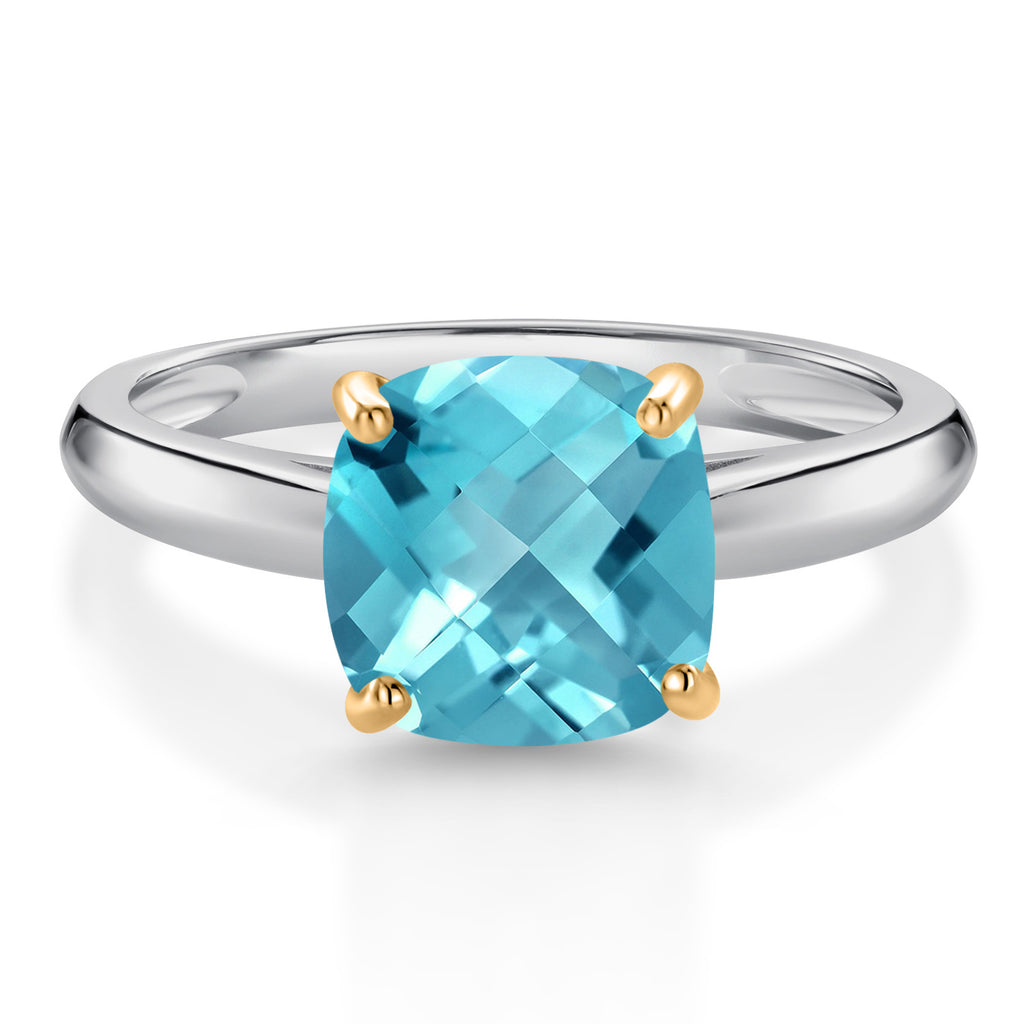 Swiss Blue Topaz-Checkerboard - November_8_Ring in 10K Two Tone Gold