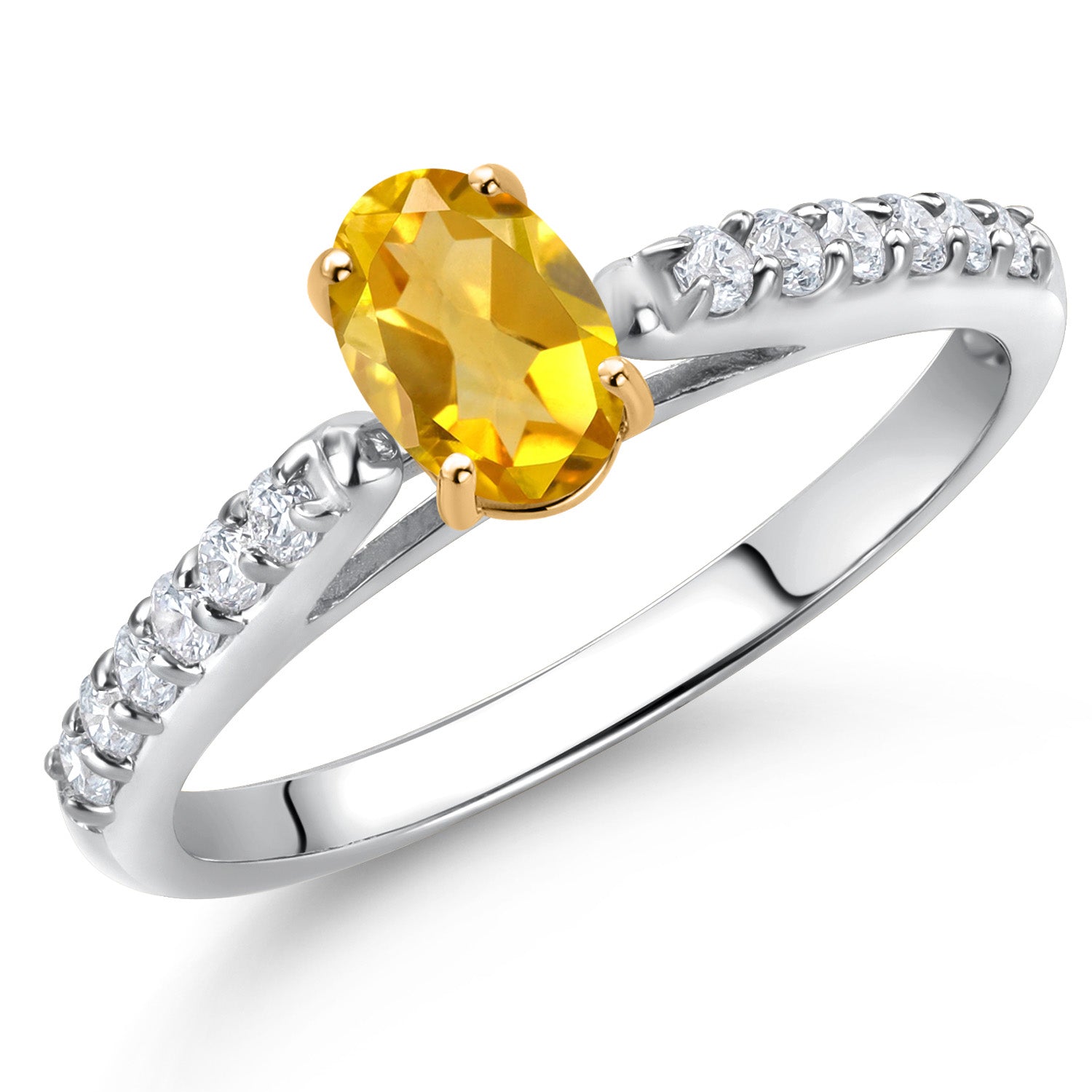 10K White and Yellow Gold Yellow Citrine and White Lab Grown Diamond Engagement Ring For Women (0.63 Cttw, Oval 6X4MM, Gemstone November Birthstone, Available In Size 5, 6, 7, 8, 9)