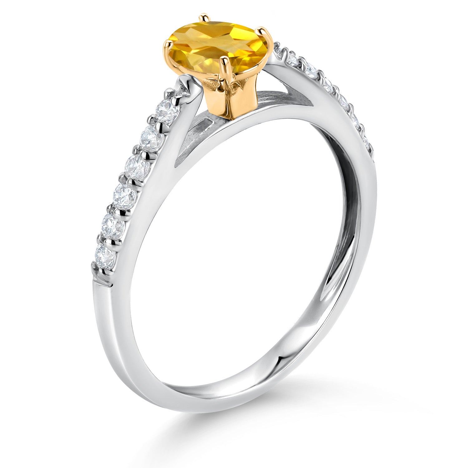 10K White and Yellow Gold Yellow Citrine and White Lab Grown Diamond Engagement Ring For Women (0.63 Cttw, Oval 6X4MM, Gemstone November Birthstone, Available In Size 5, 6, 7, 8, 9)