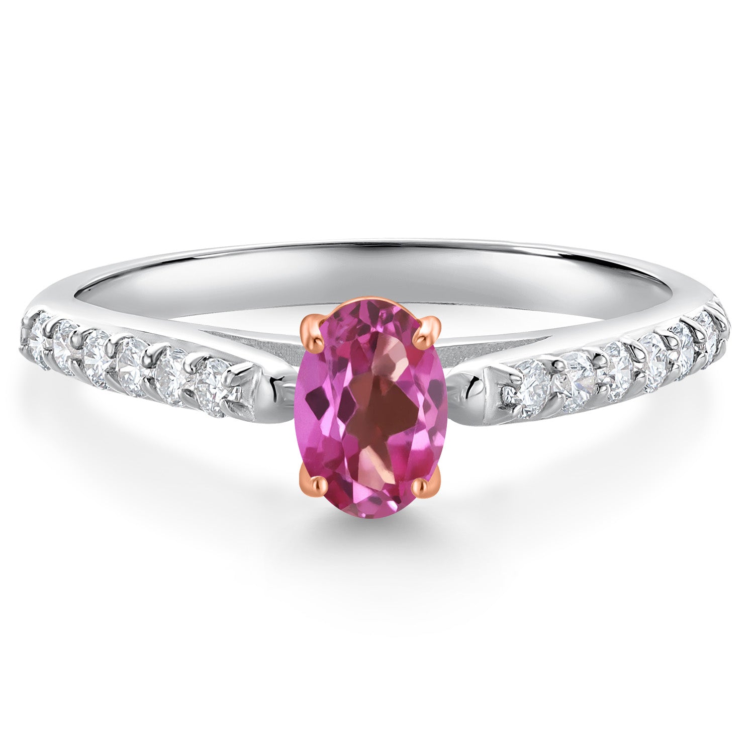 925 Silver and 10K Rose Gold Pink Mystic Topaz and White Lab Grown Diamond Engagement Ring For Women (0.68 Cttw, Oval 6X4MM, Gemstone Birthstone, Available In Size 5, 6, 7, 8, 9)