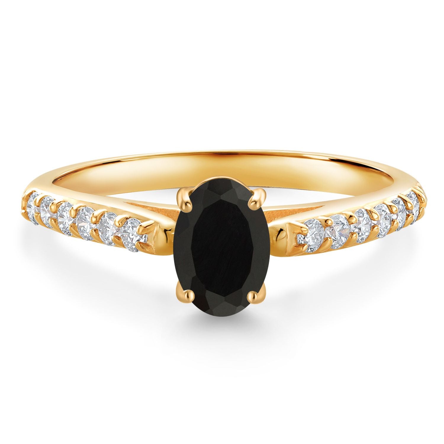 10K Yellow Gold Black Onyx and White Lab Grown Diamond Engagement Ring For Women (0.88 Cttw, Oval 7X5MM, Gemstone December Birthstone, Available In Size 5, 6, 7, 8, 9)