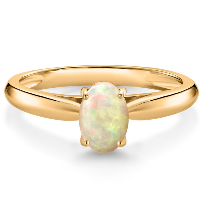 10K Yellow Gold White Ethiopian Opal Solitaire Engagement Ring For Women (0.51 Cttw, Oval Cabochon 7X5MM, Gemstone Birthstone, Available In Size 5, 6, 7, 8, 9)