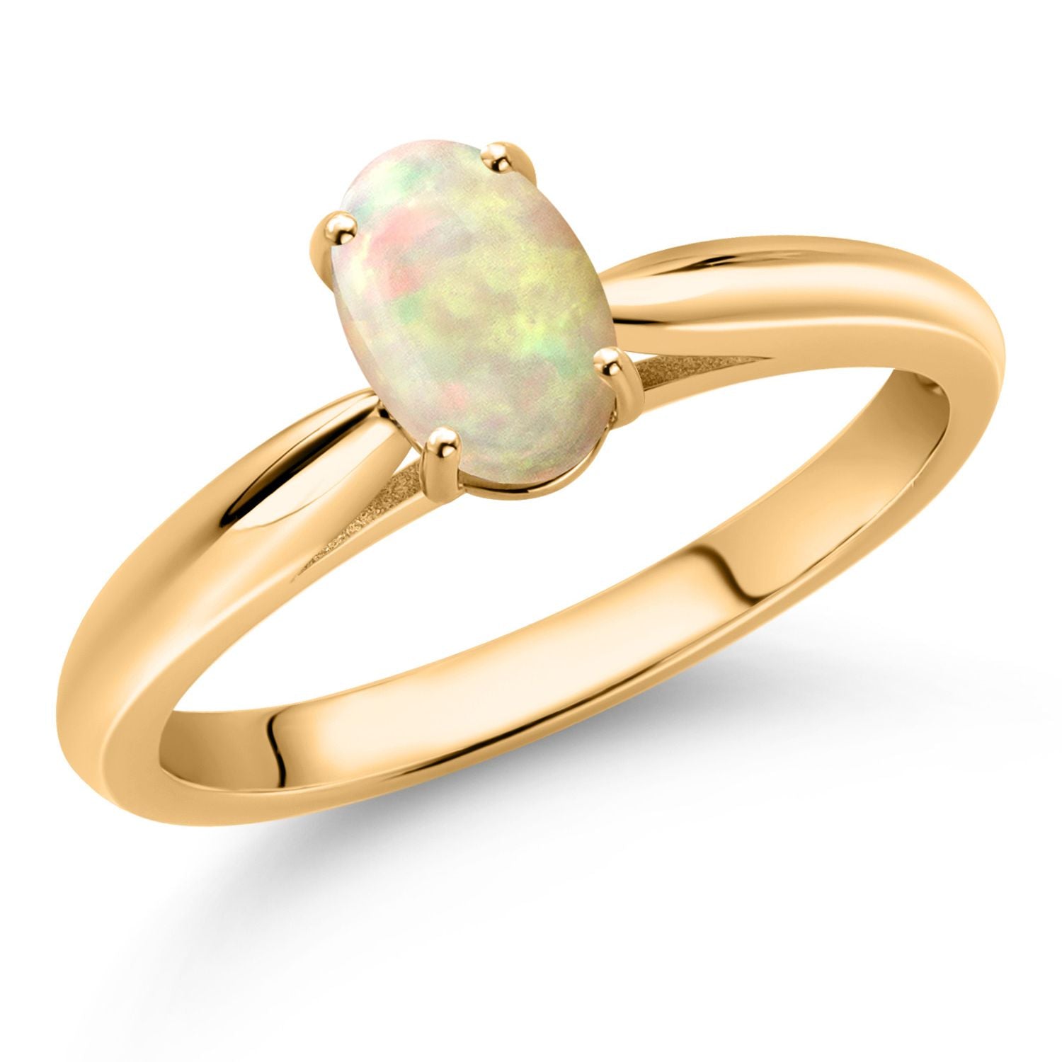 10K Yellow Gold White Ethiopian Opal Solitaire Engagement Ring For Women (0.51 Cttw, Oval Cabochon 7X5MM, Gemstone Birthstone, Available In Size 5, 6, 7, 8, 9)