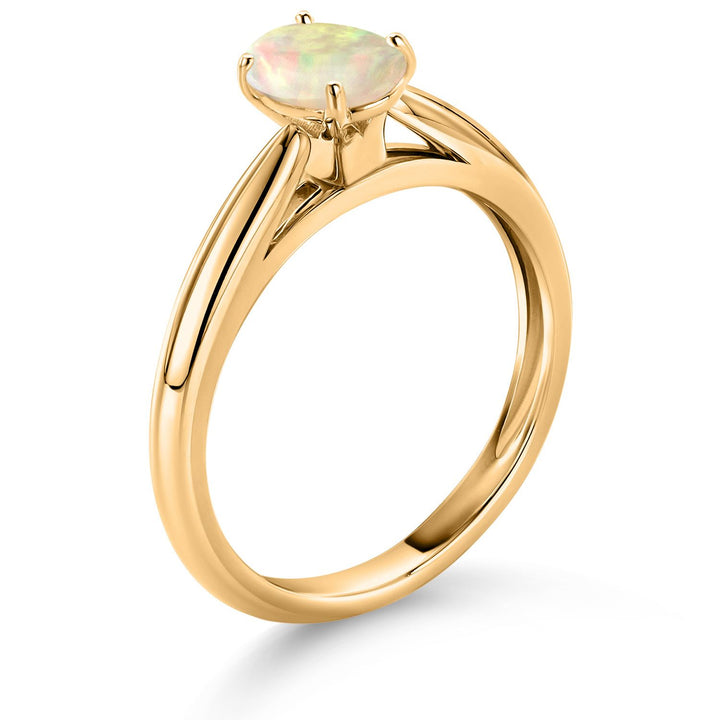 10K Yellow Gold White Ethiopian Opal Solitaire Engagement Ring For Women (0.51 Cttw, Oval Cabochon 7X5MM, Gemstone Birthstone, Available In Size 5, 6, 7, 8, 9)