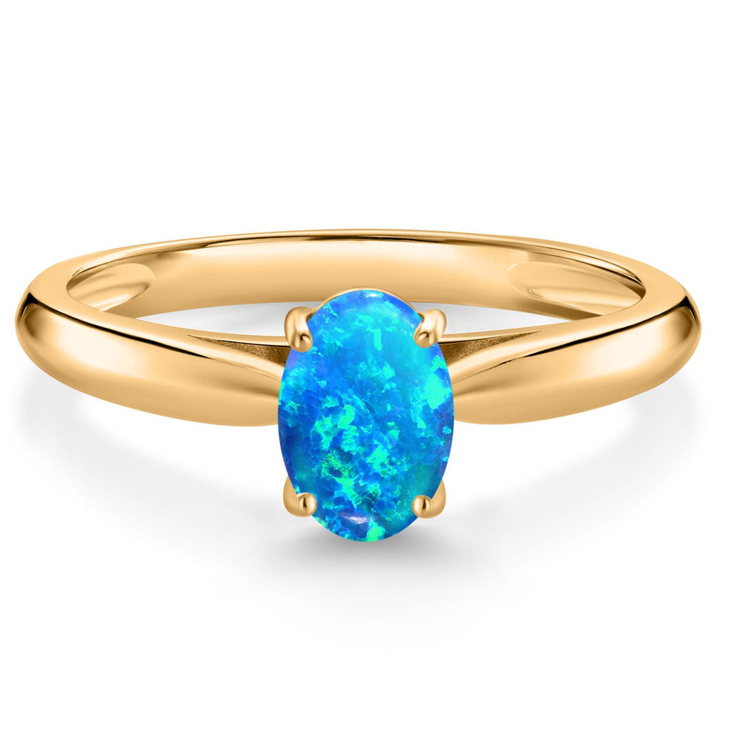 Blue Simulated Opal-Cabochon - October_6_Ring in 10K Yellow Gold