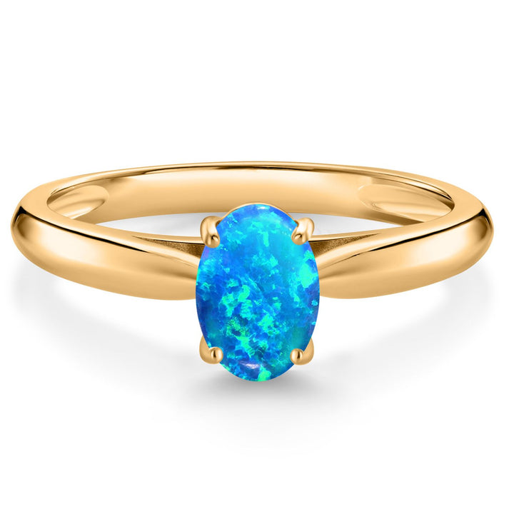 Blue Simulated Opal-Cabochon - October_6_Ring in 10K Yellow Gold