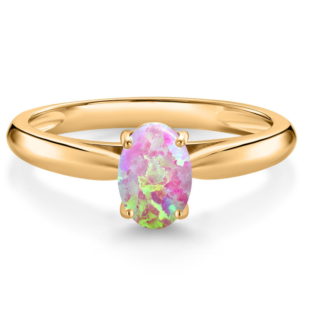 Pink Simulated Opal-Cabochon - October_5_Ring in 10K Yellow Gold
