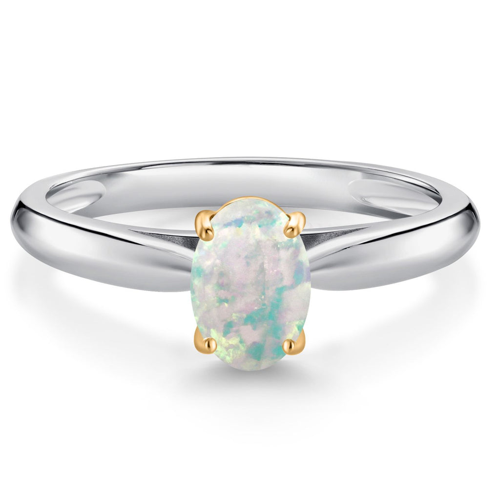 White Simulated Opal-Cabochon - October_6_Ring in 925 Sterling Silver and 10K Yellow Gold
